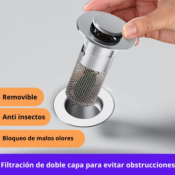 Tapón de Drenaje Anticlog de alta calidad con filtración de doble capa, diseño universal, anti insectos, y bloqueo de malos olores. Removible y fácil de instalar, ideal para mantener los lavabos limpios y libres de obstrucciones