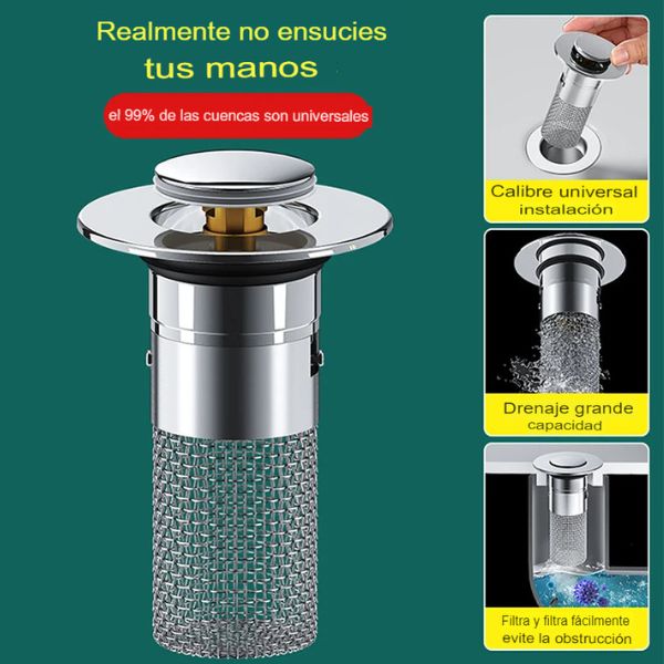 Tapón de Drenaje Anticlog de alta calidad con filtración de doble capa, diseño universal, anti insectos, y bloqueo de malos olores. Removible y fácil de instalar, ideal para mantener los lavabos limpios y libres de obstrucciones